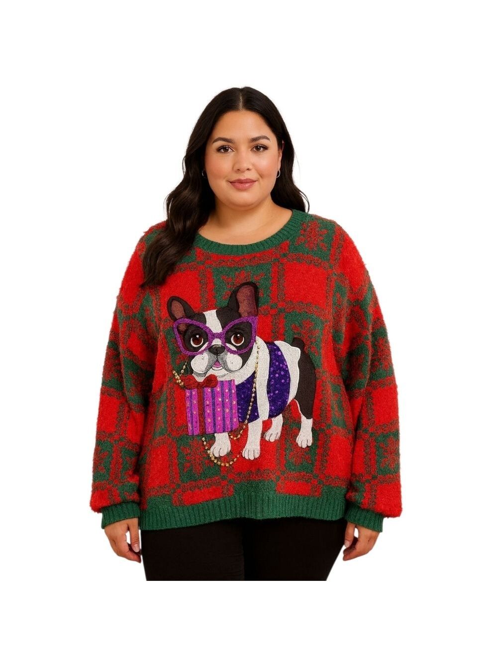 Holiday Time “Fashion Bulldog” Christmas Sweater 2X Red Green Plaid Dog Design